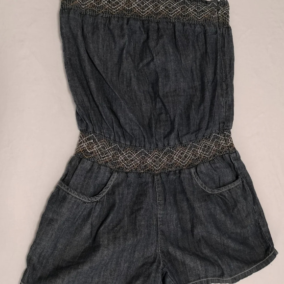 Blue Spice Size Medium Chambray Shirring Romper Jumpsuit shorts Pockets - Picture 4 of 11